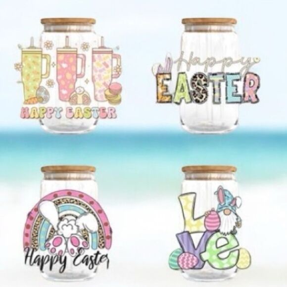 Set of 4 Easter  Glass Cups with Lids and Straws - 16oz Can Shaped cups - Picture 1 of 2